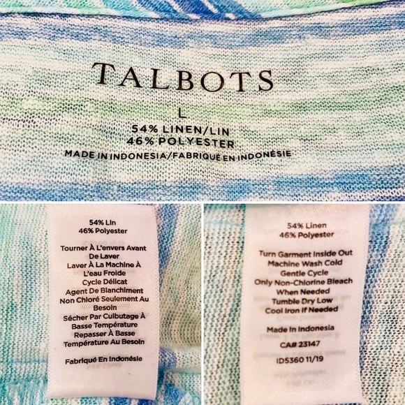 Talbots Striped Turquoise Blue Ruched 3/4 Sleeve - Picture 7 of 8